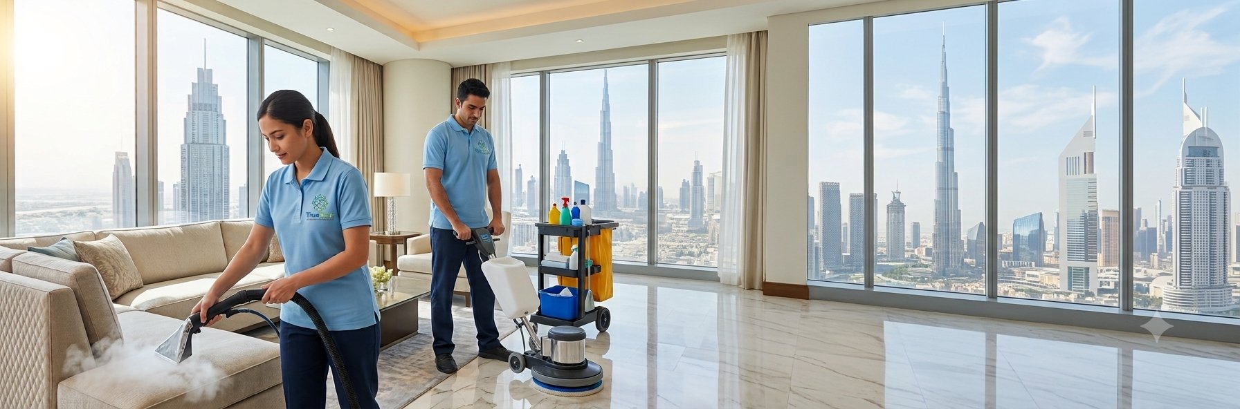 TrueCare cleaning technicians servicing a luxury Dubai apartment with a view of the Burj Khalifa